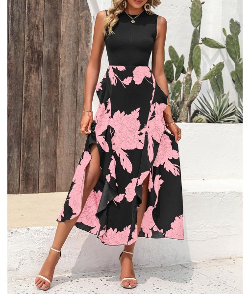 BTFBM Women Casual Sleeveless Summer Dresses 2025 Spring Crewneck Patchwork Boho Floral Ruffle Cocktail Party Midi Dress