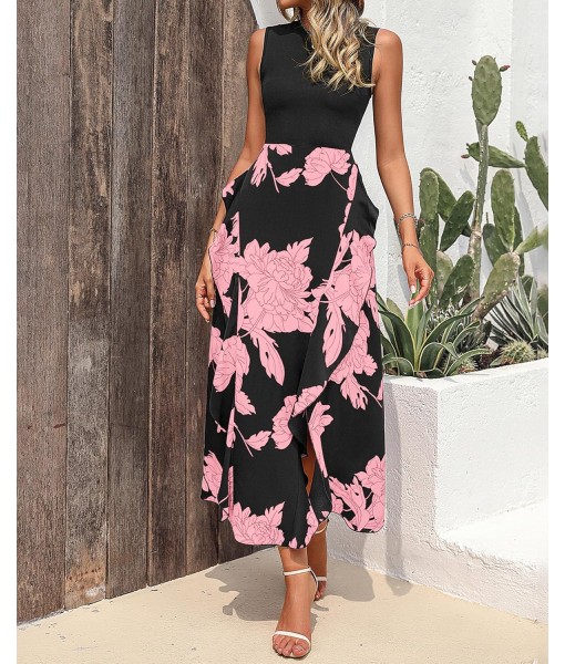 BTFBM Women Casual Sleeveless Summer Dresses 2025 Spring Crewneck Patchwork Boho Floral Ruffle Cocktail Party Midi Dress