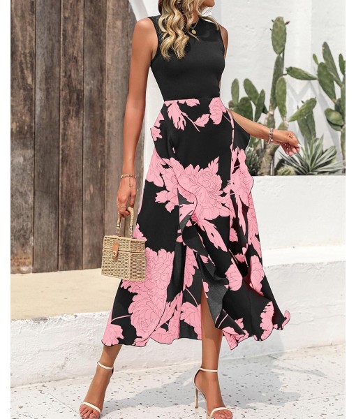 BTFBM Women Casual Sleeveless Summer Dresses 2025 Spring Crewneck Patchwork Boho Floral Ruffle Cocktail Party Midi Dress