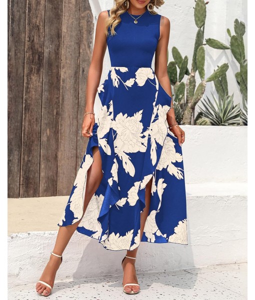 BTFBM Women Casual Sleeveless Summer Dresses 2025 Spring Crewneck Patchwork Boho Floral Ruffle Cocktail Party Midi Dress