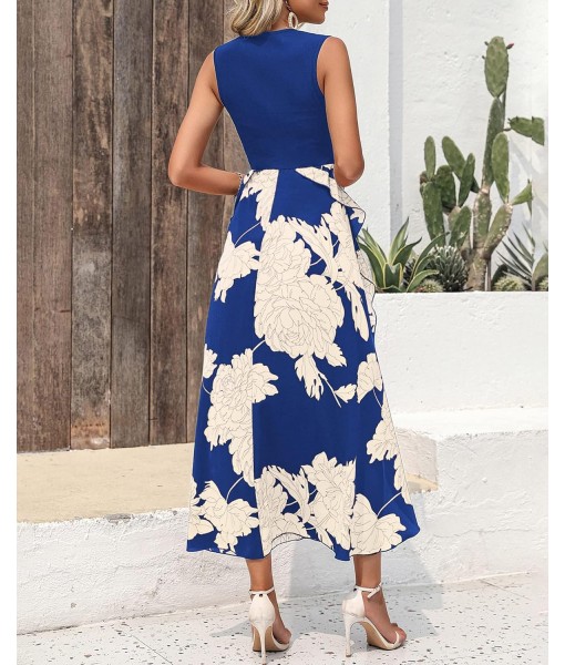 BTFBM Women Casual Sleeveless Summer Dresses 2025 Spring Crewneck Patchwork Boho Floral Ruffle Cocktail Party Midi Dress