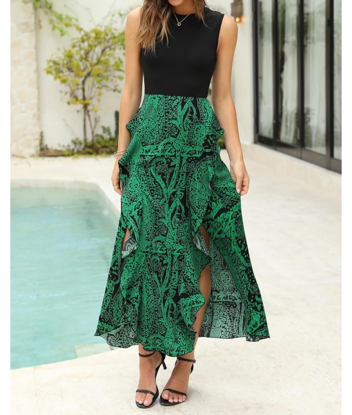 BTFBM Women Casual Sleeveless Summer Dresses 2025 Spring Crewneck Patchwork Boho Floral Ruffle Cocktail Party Midi Dress