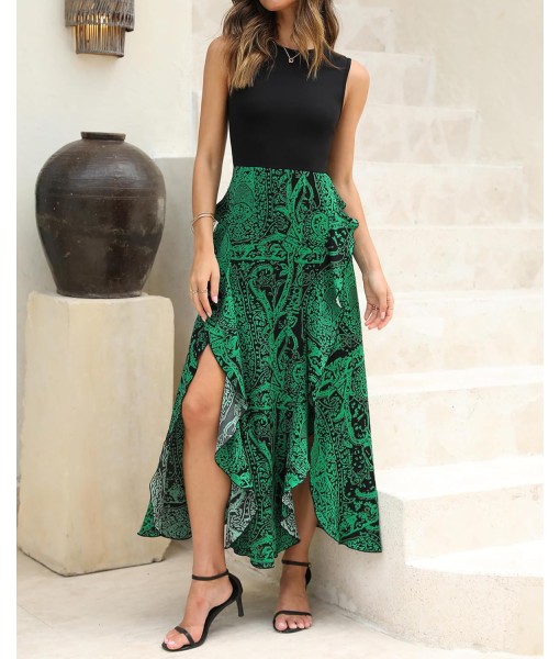 BTFBM Women Casual Sleeveless Summer Dresses 2025 Spring Crewneck Patchwork Boho Floral Ruffle Cocktail Party Midi Dress
