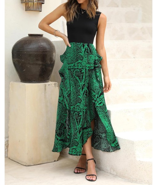 BTFBM Women Casual Sleeveless Summer Dresses 2025 Spring Crewneck Patchwork Boho Floral Ruffle Cocktail Party Midi Dress