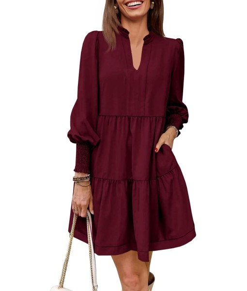 Imily Bela Womens Fall Long Sleeve Tunic Dress Casual V Neck Loose Ruffle Tiered Dress