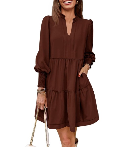 Imily Bela Womens Fall Long Sleeve Tunic Dress Casual V Neck Loose Ruffle Tiered Dress
