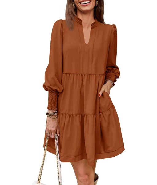 Imily Bela Womens Fall Long Sleeve Tunic Dress Casual V Neck Loose Ruffle Tiered Dress
