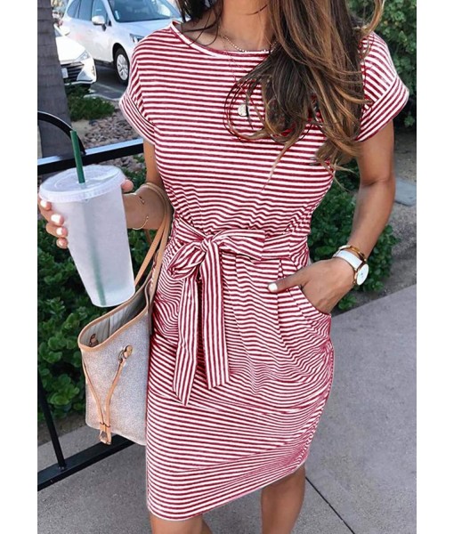 MEROKEETY Women's Summer Striped Short Sleeve T Shirt Dress Casual Tie Waist with Pockets