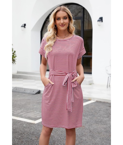 MEROKEETY Women's Summer Striped Short Sleeve T Shirt Dress Casual Tie Waist with Pockets