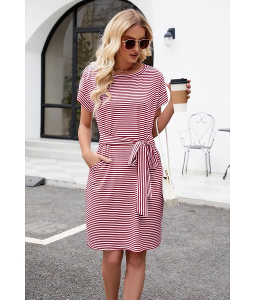 MEROKEETY Women's Summer Striped Short Sleeve T Shirt Dress Casual Tie Waist with Pockets