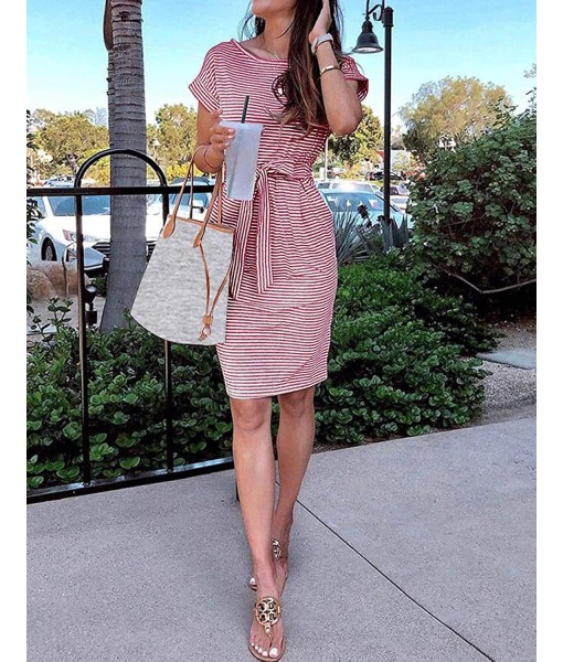 MEROKEETY Women's Summer Striped Short Sleeve T Shirt Dress Casual Tie Waist with Pockets