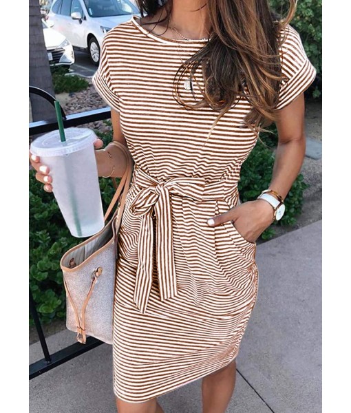 MEROKEETY Women's Summer Striped Short Sleeve T Shirt Dress Casual Tie Waist with Pockets