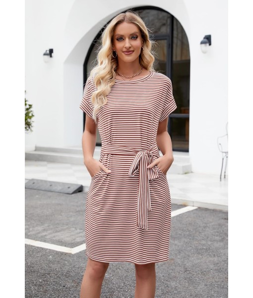 MEROKEETY Women's Summer Striped Short Sleeve T Shirt Dress Casual Tie Waist with Pockets