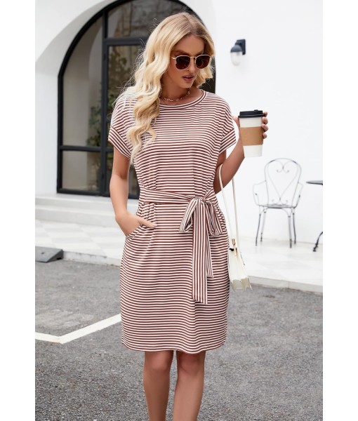 MEROKEETY Women's Summer Striped Short Sleeve T Shirt Dress Casual Tie Waist with Pockets