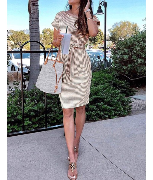MEROKEETY Women's Summer Striped Short Sleeve T Shirt Dress Casual Tie Waist with Pockets