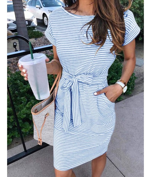 MEROKEETY Women's Summer Striped Short Sleeve T Shirt Dress Casual Tie Waist with Pockets