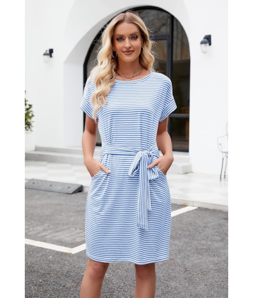 MEROKEETY Women's Summer Striped Short Sleeve T Shirt Dress Casual Tie Waist with Pockets