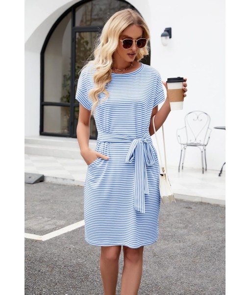 MEROKEETY Women's Summer Striped Short Sleeve T Shirt Dress Casual Tie Waist with Pockets