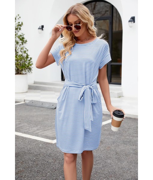 MEROKEETY Women's Summer Striped Short Sleeve T Shirt Dress Casual Tie Waist with Pockets