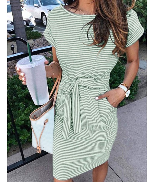 MEROKEETY Women's Summer Striped Short Sleeve T Shirt Dress Casual Tie Waist with Pockets