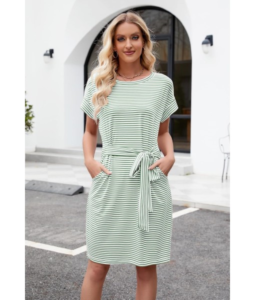 MEROKEETY Women's Summer Striped Short Sleeve T Shirt Dress Casual Tie Waist with Pockets