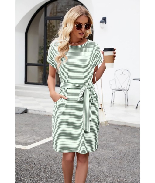 MEROKEETY Women's Summer Striped Short Sleeve T Shirt Dress Casual Tie Waist with Pockets