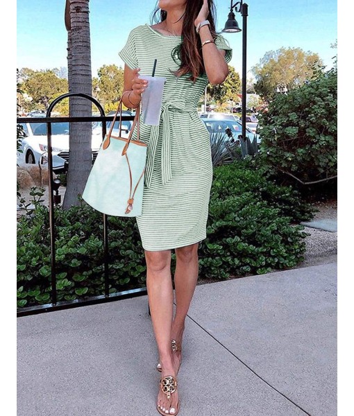 MEROKEETY Women's Summer Striped Short Sleeve T Shirt Dress Casual Tie Waist with Pockets