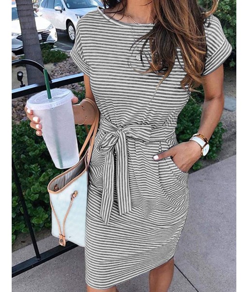 MEROKEETY Women's Summer Striped Short Sleeve T Shirt Dress Casual Tie Waist with Pockets