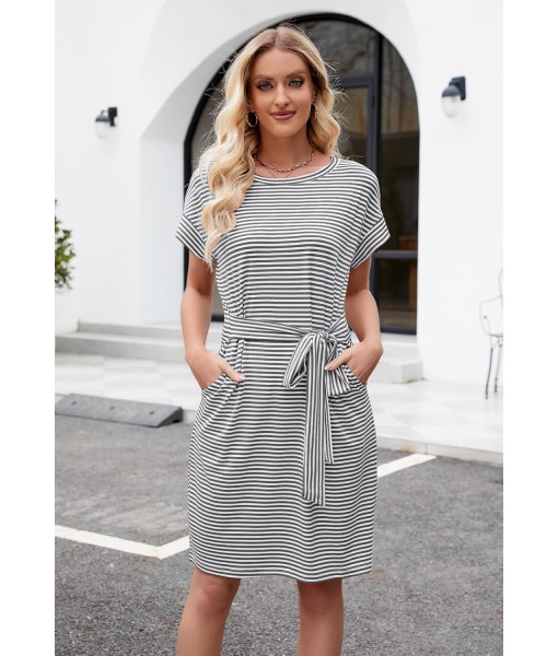 MEROKEETY Women's Summer Striped Short Sleeve T Shirt Dress Casual Tie Waist with Pockets