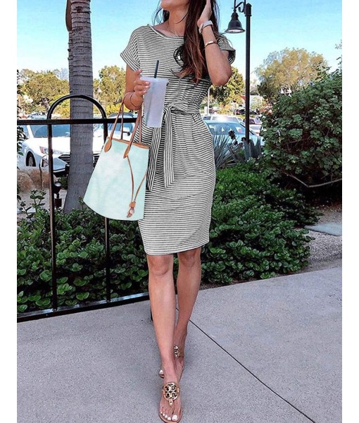 MEROKEETY Women's Summer Striped Short Sleeve T Shirt Dress Casual Tie Waist with Pockets