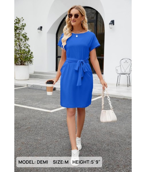 MEROKEETY Women's Summer Striped Short Sleeve T Shirt Dress Casual Tie Waist with Pockets