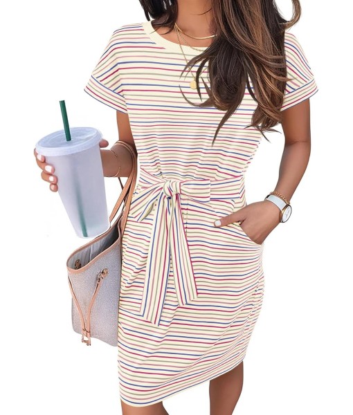 MEROKEETY Women's Summer Striped Short Sleeve T Shirt Dress Casual Tie Waist with Pockets