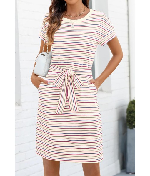 MEROKEETY Women's Summer Striped Short Sleeve T Shirt Dress Casual Tie Waist with Pockets