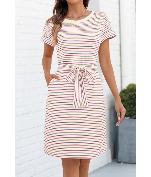 MEROKEETY Women's Summer Striped Short Sleeve T Shirt Dress Casual Tie Waist with Pockets