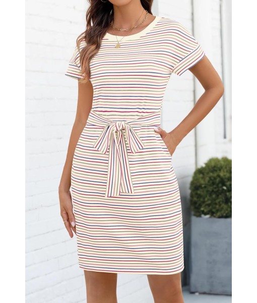 MEROKEETY Women's Summer Striped Short Sleeve T Shirt Dress Casual Tie Waist with Pockets