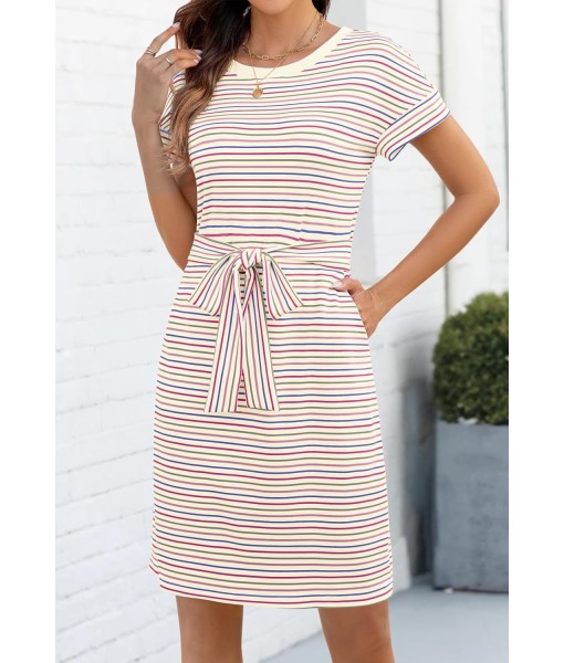 MEROKEETY Women's Summer Striped Short Sleeve T Shirt Dress Casual Tie Waist with Pockets