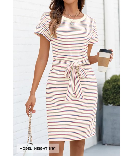 MEROKEETY Women's Summer Striped Short Sleeve T Shirt Dress Casual Tie Waist with Pockets