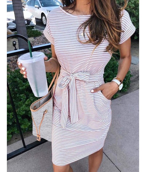 MEROKEETY Women's Summer Striped Short Sleeve T Shirt Dress Casual Tie Waist with Pockets
