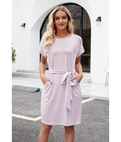 MEROKEETY Women's Summer Striped Short Sleeve T Shirt Dress Casual Tie Waist with Pockets