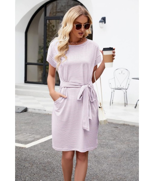 MEROKEETY Women's Summer Striped Short Sleeve T Shirt Dress Casual Tie Waist with Pockets
