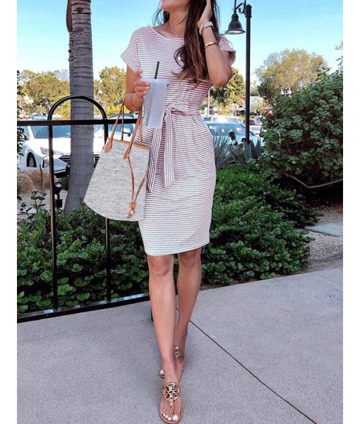 MEROKEETY Women's Summer Striped Short Sleeve T Shirt Dress Casual Tie Waist with Pockets