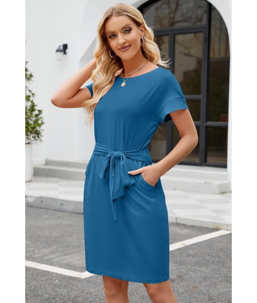 MEROKEETY Women's Summer Striped Short Sleeve T Shirt Dress Casual Tie Waist with Pockets