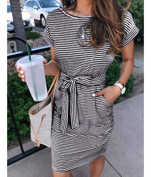 MEROKEETY Women's Summer Striped Short Sleeve T Shirt Dress Casual Tie Waist with Pockets