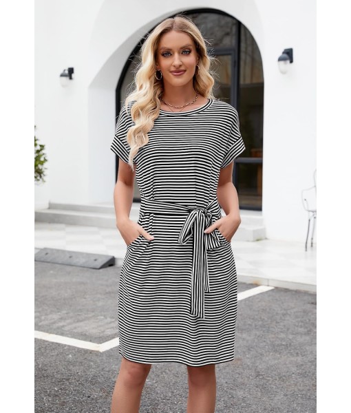 MEROKEETY Women's Summer Striped Short Sleeve T Shirt Dress Casual Tie Waist with Pockets