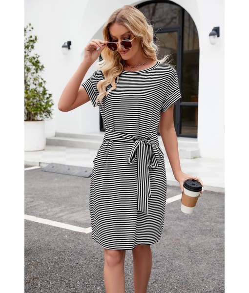 MEROKEETY Women's Summer Striped Short Sleeve T Shirt Dress Casual Tie Waist with Pockets