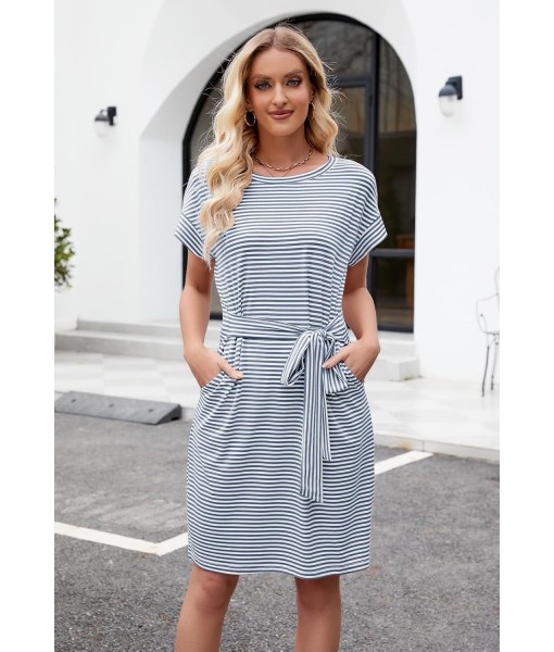 MEROKEETY Women's Summer Striped Short Sleeve T Shirt Dress Casual Tie Waist with Pockets