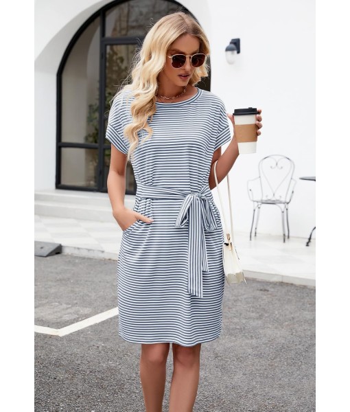 MEROKEETY Women's Summer Striped Short Sleeve T Shirt Dress Casual Tie Waist with Pockets