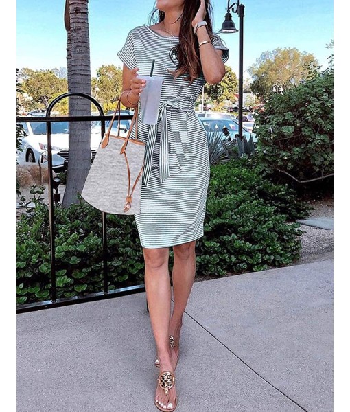 MEROKEETY Women's Summer Striped Short Sleeve T Shirt Dress Casual Tie Waist with Pockets