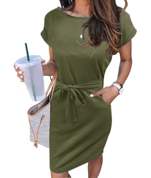 MEROKEETY Women's Summer Striped Short Sleeve T Shirt Dress Casual Tie Waist with Pockets