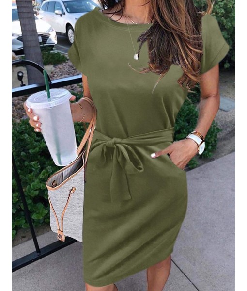 MEROKEETY Women's Summer Striped Short Sleeve T Shirt Dress Casual Tie Waist with Pockets
